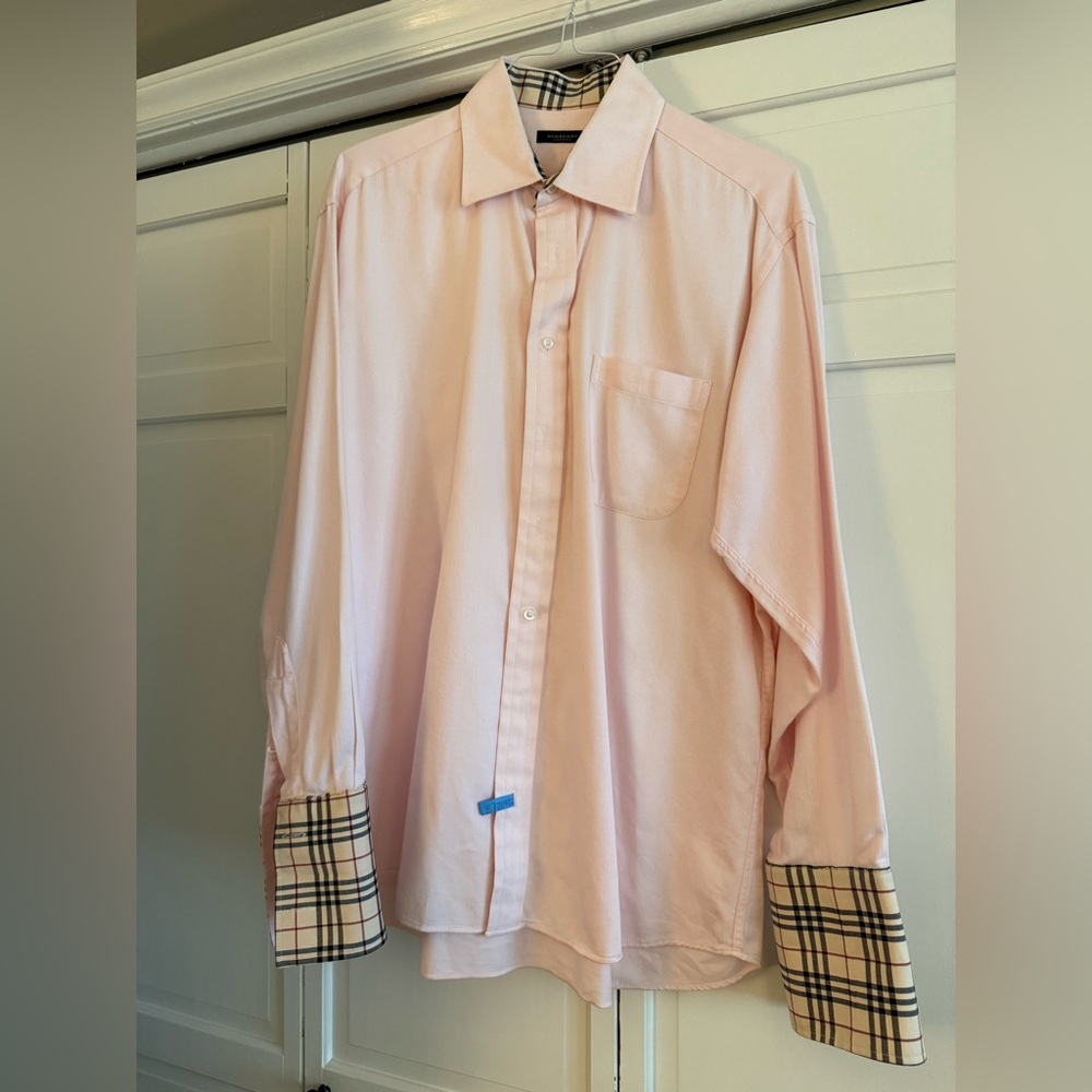Men's Burberry Pink Shirt with Plaid Cuffs